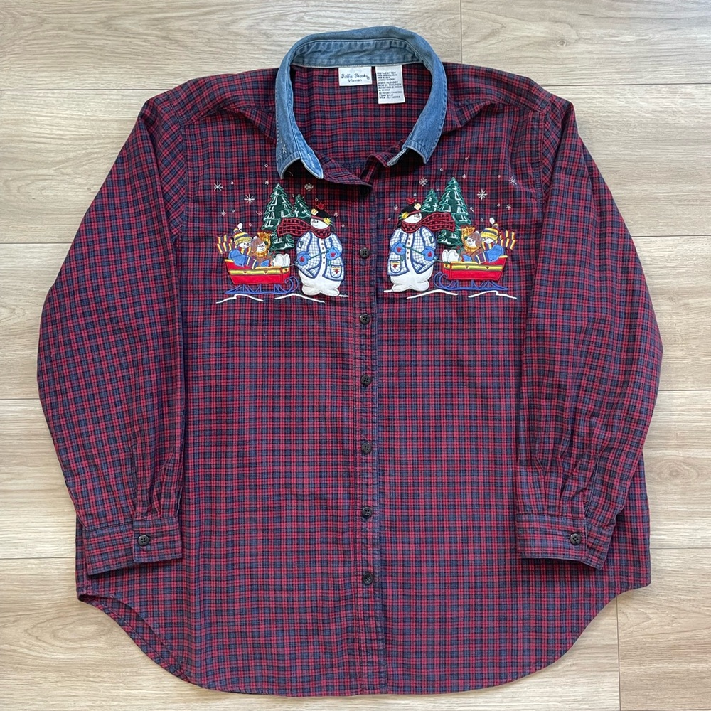 Red Plaid Shirt with Snowman Embroidery